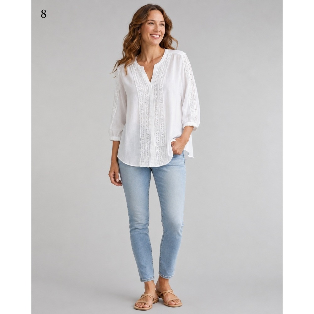 Chico's Button Front Shirt Womens 2 Large/12 White Polyester Crochet Lace Trim
